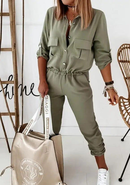 Sporty Turn-Down Collar Jumpsuit: Casual Streetwear