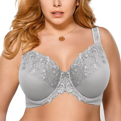 Embroidery Lace Bra for Women – Plus Size, Sexy Thin, Underwired, Black/Gray