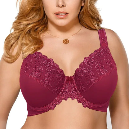 Embroidery Lace Bra for Women – Plus Size, Sexy Thin, Underwired, Black/Gray