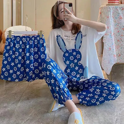 Animal Themed Three Pieces Short-Top-Pant Pajama Sets For Women