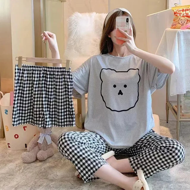 Animal Themed Three Pieces Short-Top-Pant Pajama Sets For Women