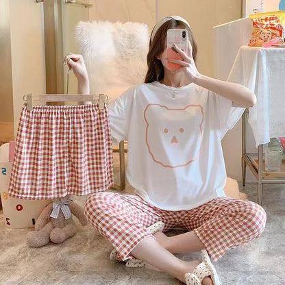 Animal Themed Three Pieces Short-Top-Pant Pajama Sets For Women