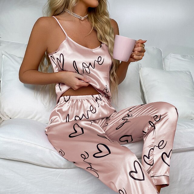 Leopard Themed Sexy Strap Top Polyester Pajama Sets