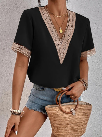 Elegant Women's V-neck Splicing Lace Short Sleeve Blouses