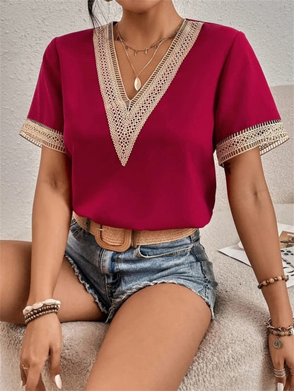 Elegant Women's V-neck Splicing Lace Short Sleeve Blouses