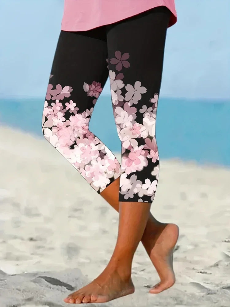 New Floral Print on Leg Leggings Capri Pants
