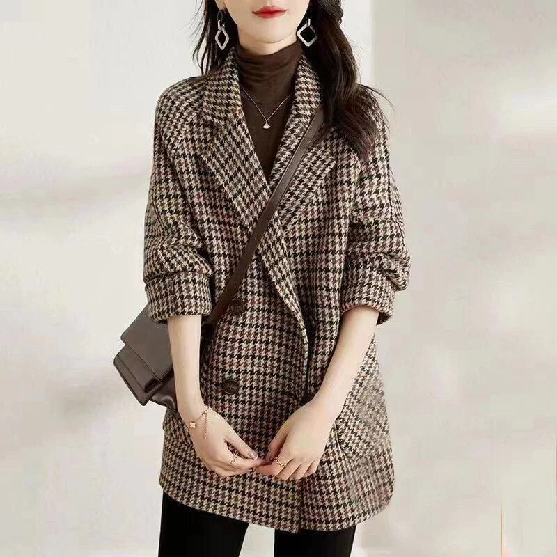 Double Breasted Woolen Luxury Plaid Coats