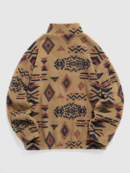 Men’s Faux Sherpa Tribal Print Quarter Zip Sweatshirt – Fluffy Fuzzy Teddy Pullover