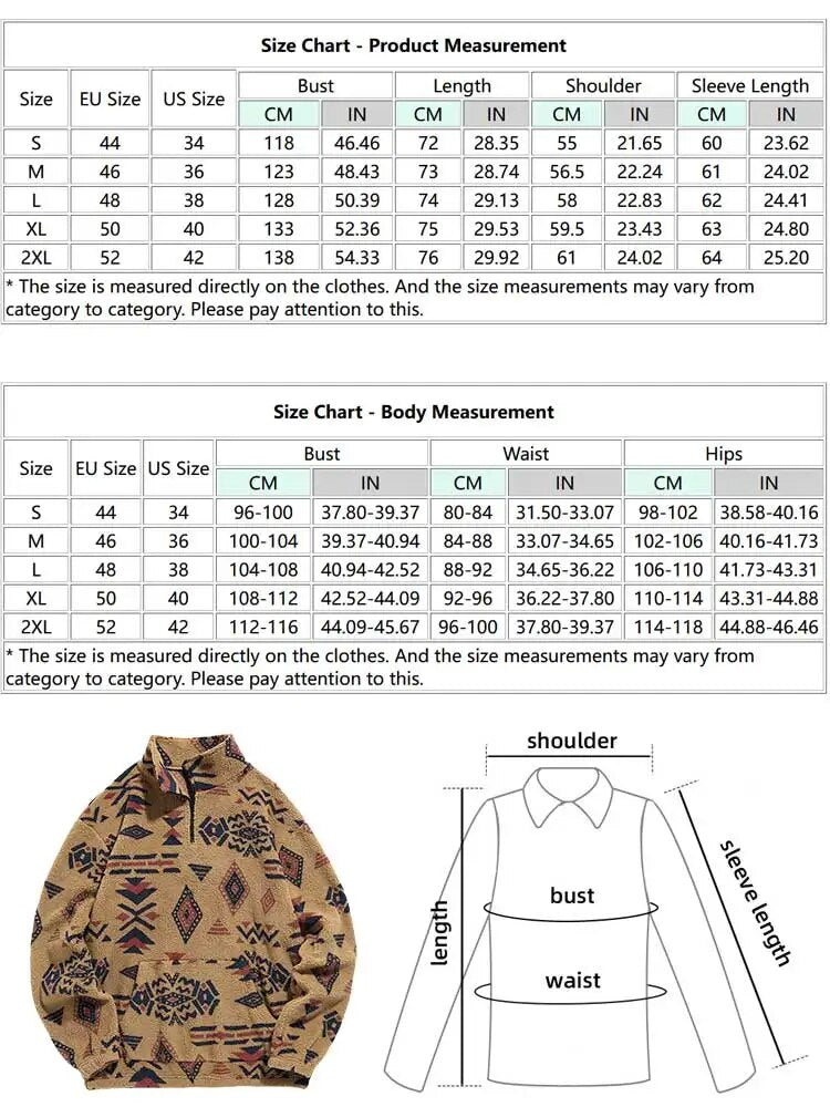 Men's Sherpa Zipper Hoodie: Fuzzy Ethnic Print, Streetwear Style for Fall/Winter