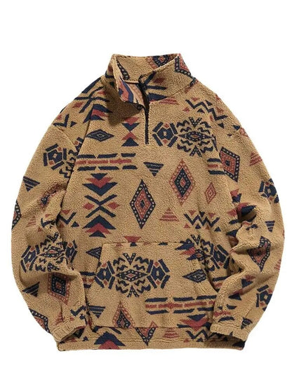 Men's Sherpa Zipper Hoodie: Fuzzy Ethnic Print, Streetwear Style for Fall/Winter