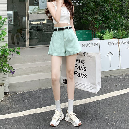 Apple Green Cuffed Design Belt Women's Summer Denim Shorts