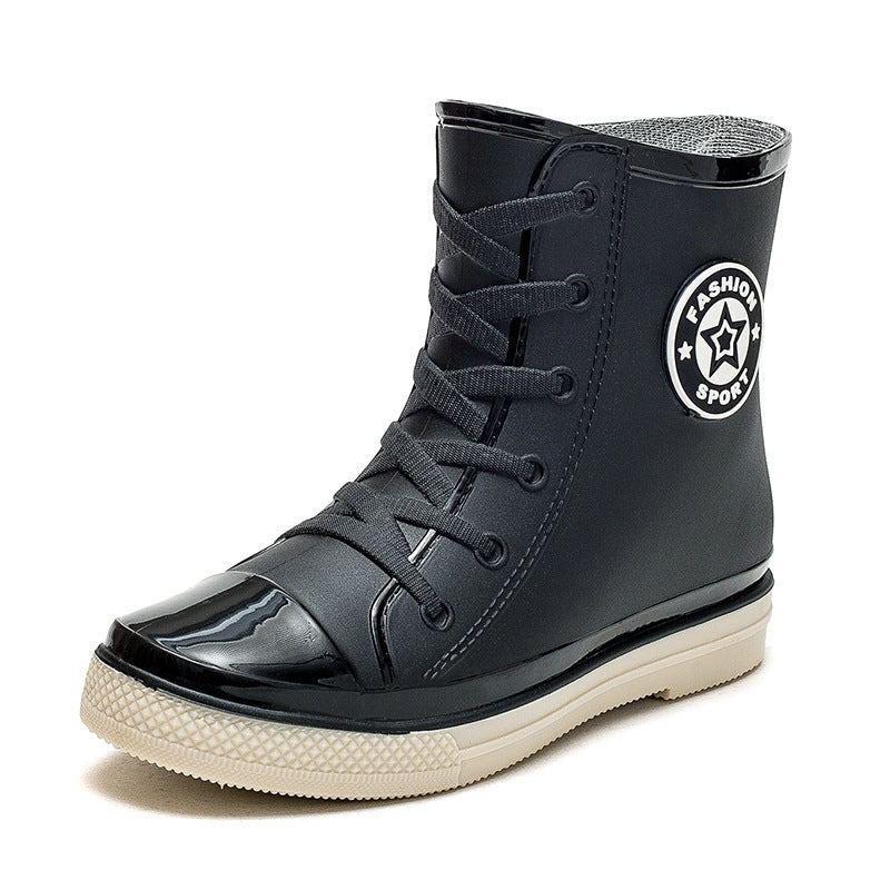 Chic Ankle-Length PVC Rain Boots for Women | Flat Heel Fleece-Lined Footwear