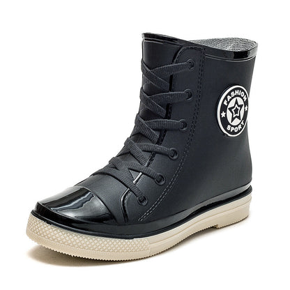 Chic Ankle-Length PVC Rain Boots for Women | Flat Heel Fleece-Lined Footwear