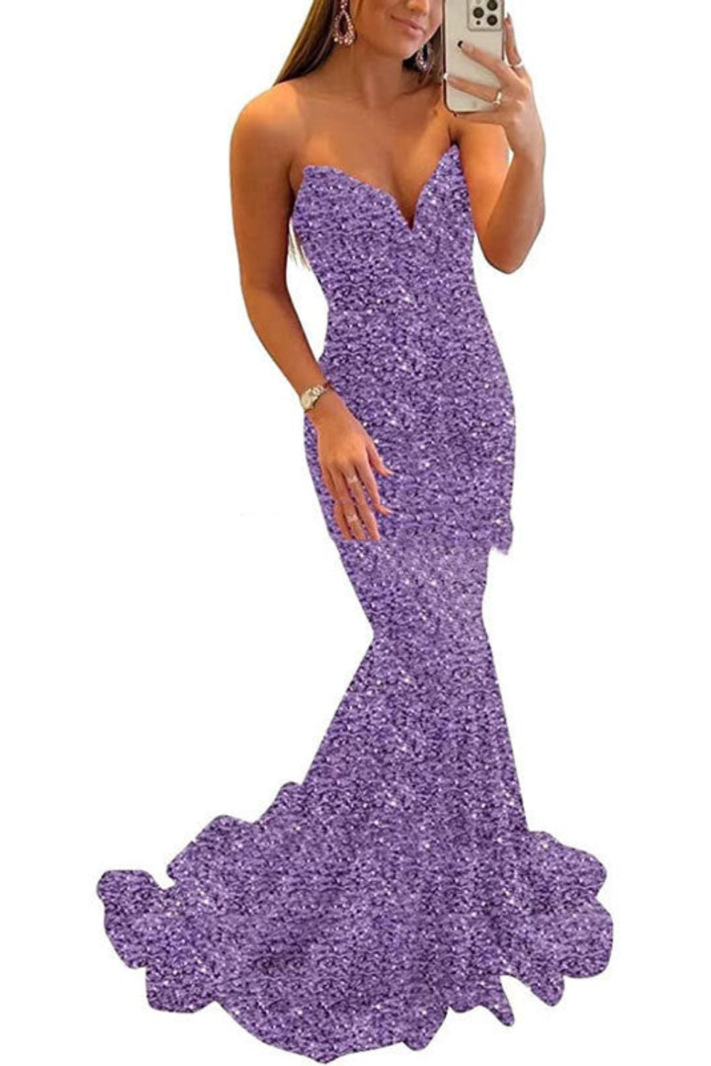 Purple sparkly dress worn by a person on a white background