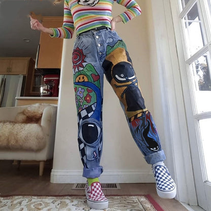 Cartoon Print Harem Jeans – Vintage Streetwear for Women