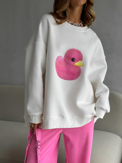 Cute Duck Print Sweater for Women – Loose Cotton Pullover, Cozy Autumn & Winter Outfit