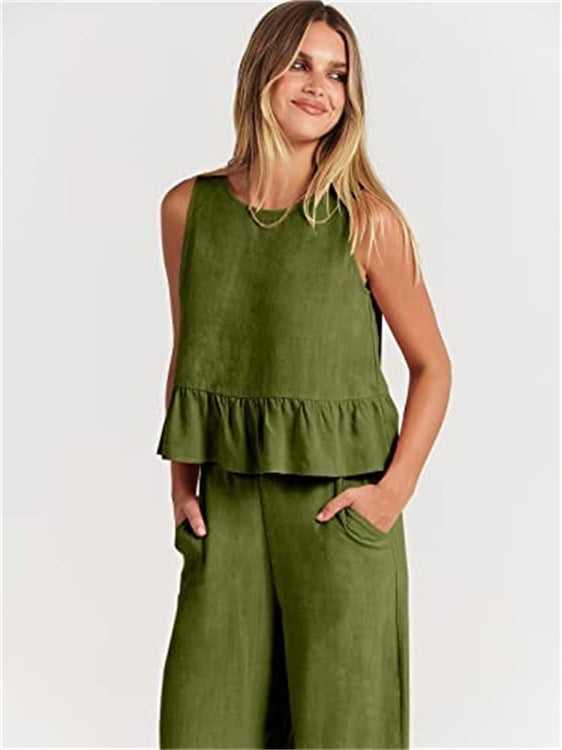 Pleated Sleeveless Vest & Wide-Leg Cropped Trousers Two-Piece Outfit Set | Chic Summer Vibes Style 2025