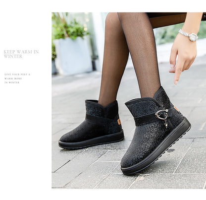 Slip-On Fleece-Lined Snow Boots for Women | Mid-Top Ankle Winter Boots with Sequin Detail