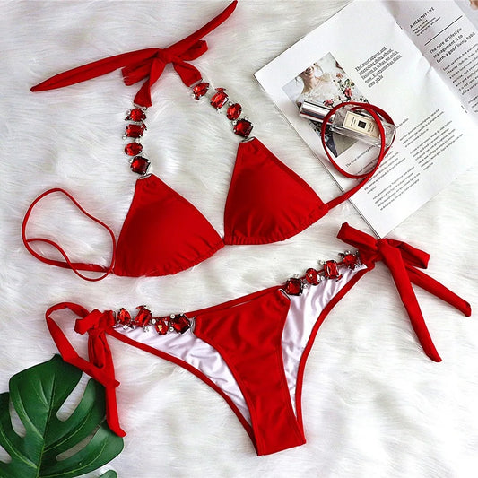 Rhinestones Design Solid Color Women Sexy Bikinis
