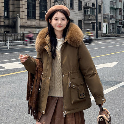 Women’s Waist-Tight Parka – Cozy Loose Fit Winter Coat with Fur Collar & Pockets