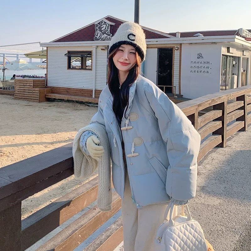 Cotton Filling Button Down Puffy Women Blue Oversized Coats