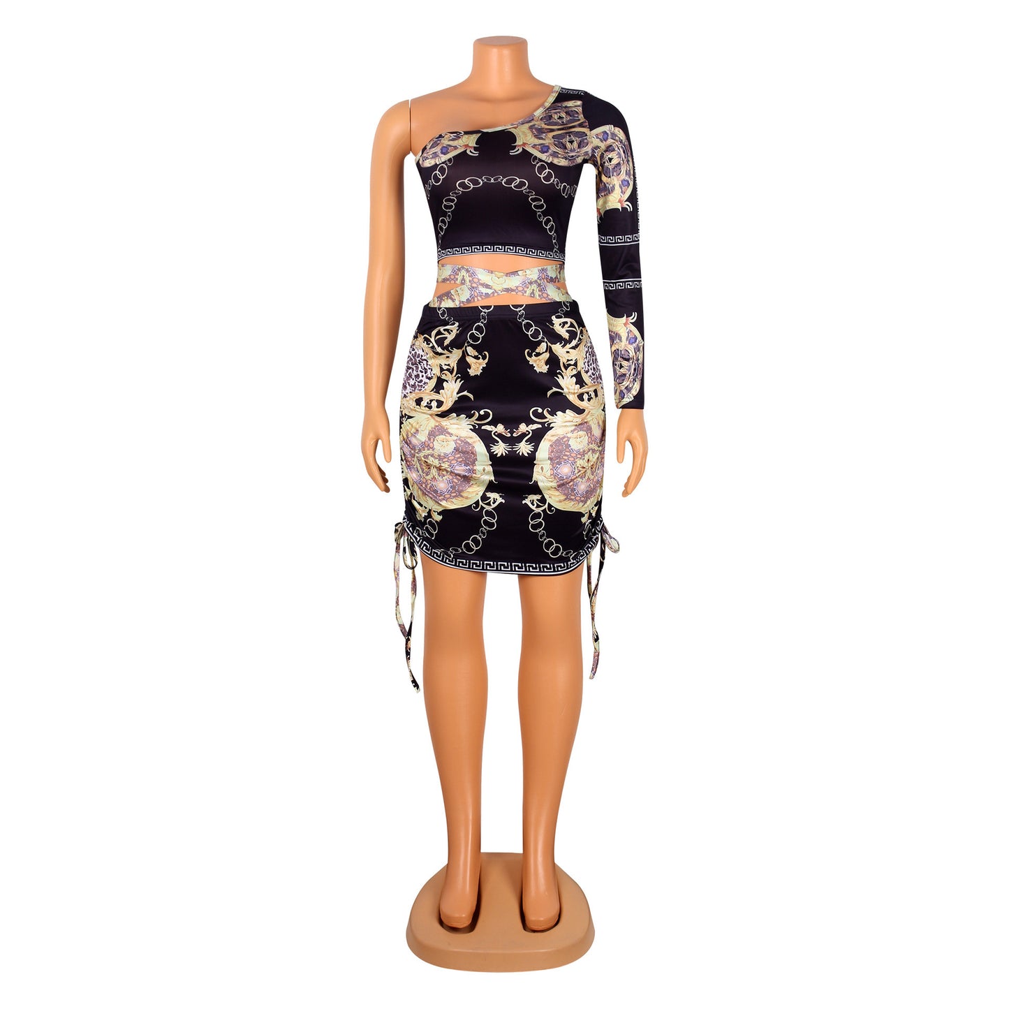 Single Sleeve Printed Top & Irregular Mini Skirt Two-Piece Outfit Set | Bold Style 2025 Aesthetic