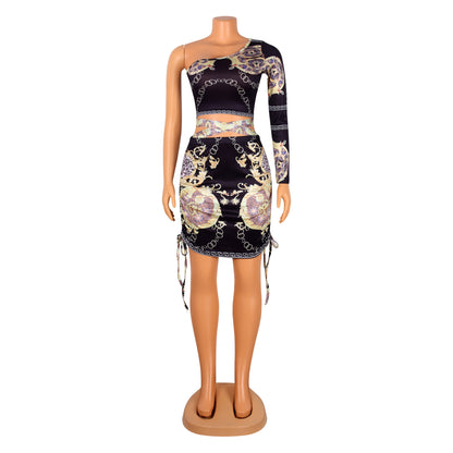 Single Sleeve Printed Top & Irregular Mini Skirt Two-Piece Outfit Set | Bold Style 2025 Aesthetic
