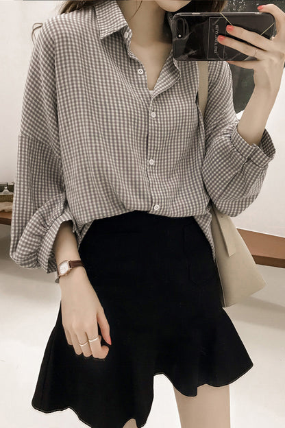 Loose-Fit Plaid Shirt – All-Match Layering Blouse for Women