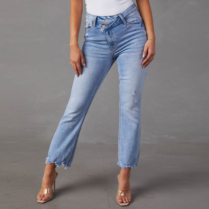 Distressed Light Wash High-Waist Jeans – Ripped Cotton Denim for Women