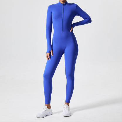 Sporty Fitness Jumpsuit Zipper Closure Long Sleeve Skinny Workout Attire