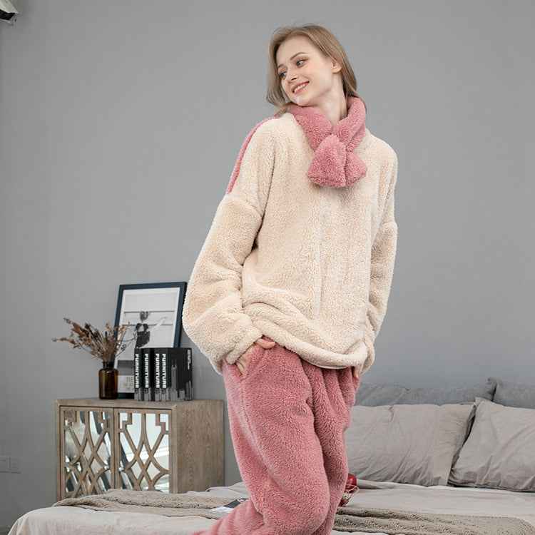Winter Coral Fleece Pajama Set Thick Long Sleeve Top Elastic Waist Trousers Warm Large Size Sleepwear