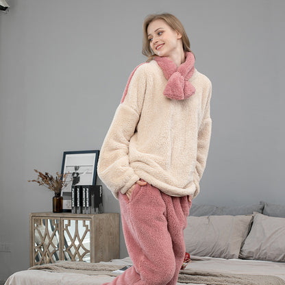 Winter Coral Fleece Pajama Set Thick Long Sleeve Top Elastic Waist Trousers Warm Large Size Sleepwear
