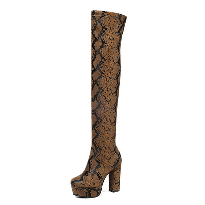 Platform Over-the-Knee Boots for Women | Thick Heel Snake Print Statement Boots