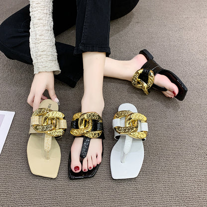 Metal Decoration Pointed Low Heel Women Slingback Slippers