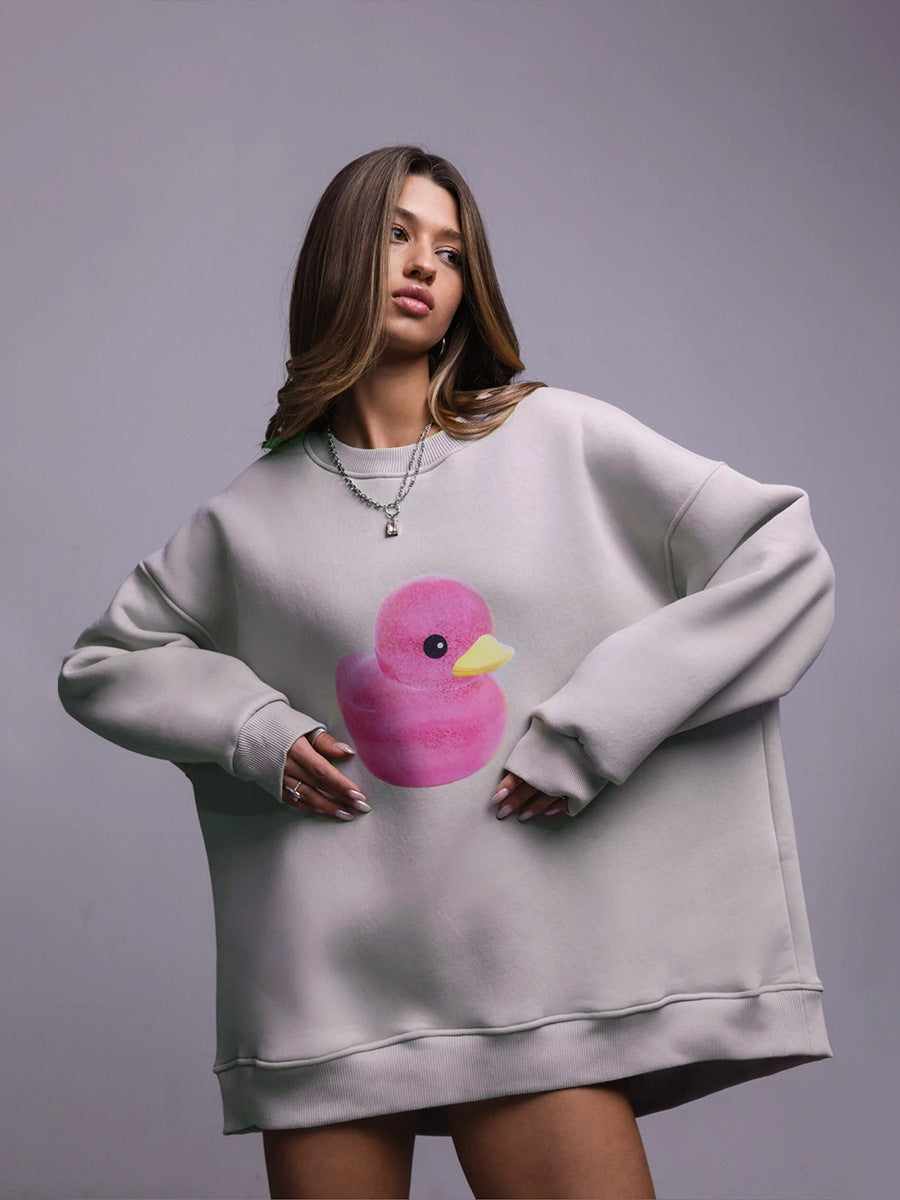 Cute Duck Print Sweater for Women – Loose Cotton Pullover, Cozy Autumn & Winter Outfit