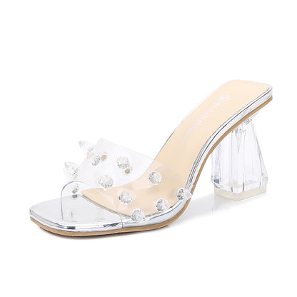 Crystal Ribbon Design Transparent Low Heel Womens Summer Shoes