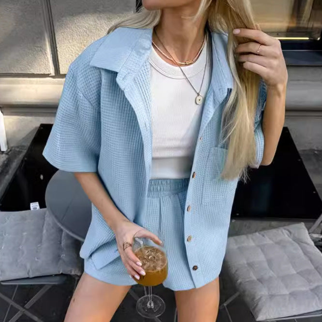 Waffle-Texture Loose Shirt & Shorts Two-Piece Outfit Set | Casual Summer Vibes Style 2025