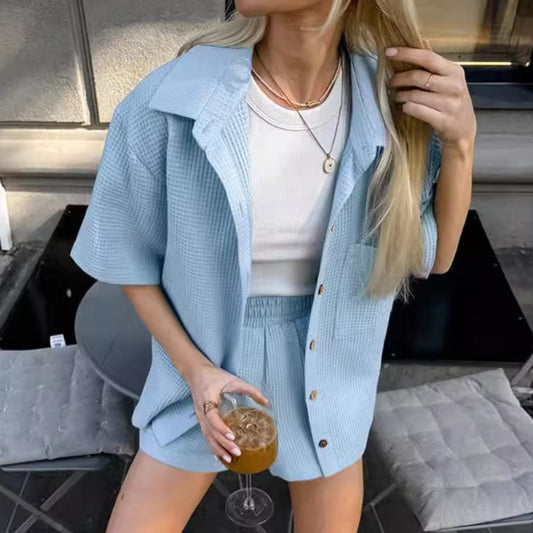 Waffle-Texture Loose Shirt & Shorts Two-Piece Outfit Set | Casual Summer Vibes Style 2025