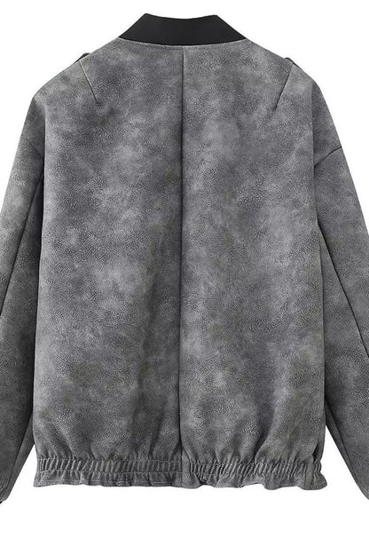 Gray jacket with black cuffs and collar on a white background