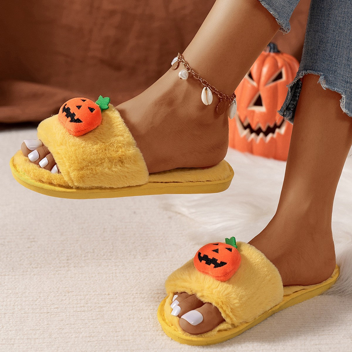 Halloween Pumpkin Plush Slippers – Cozy Open Toe House Shoes