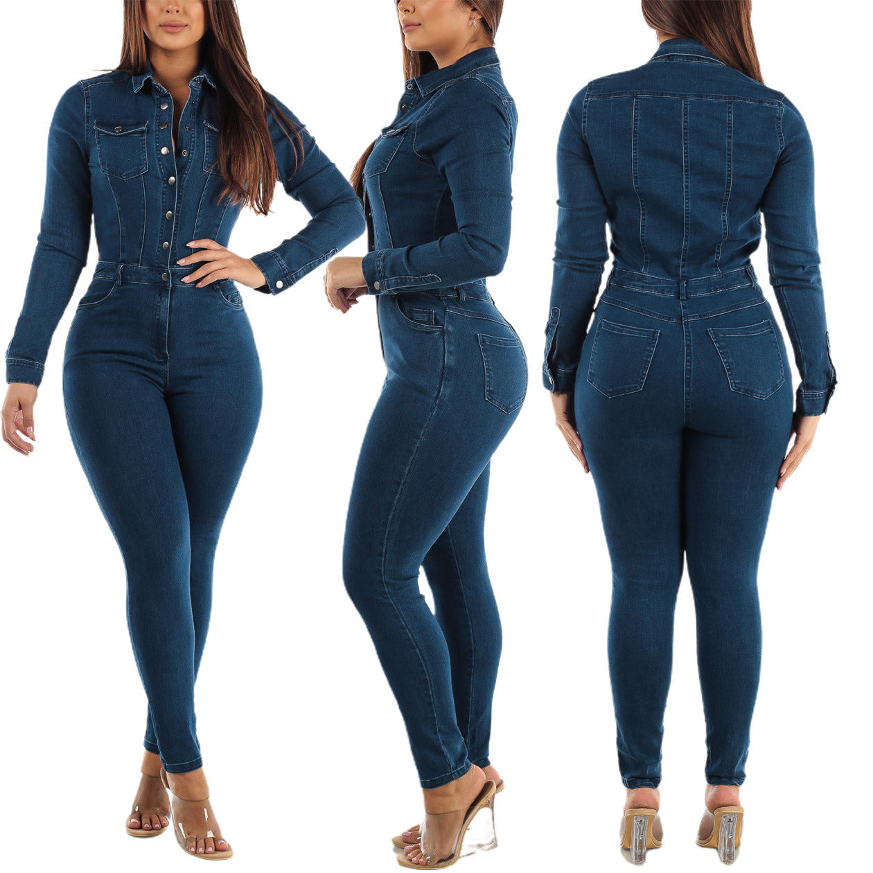 Denim Jumpsuit Long Sleeve Elegant Womens Jean Overalls