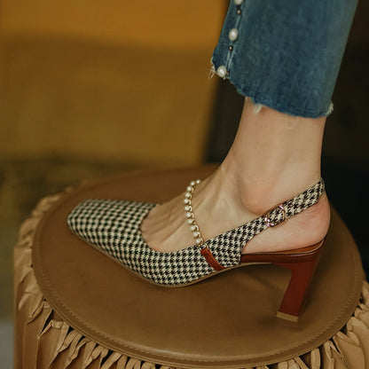 Elegant Summer Style Women Pearl Design Square Toe Pumps Shoes