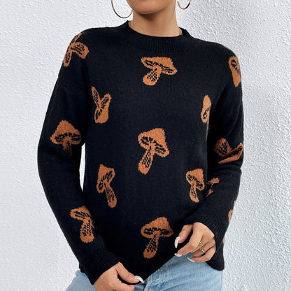 Jacquard Crewneck Skull Halloween Pullover Sweater for Women