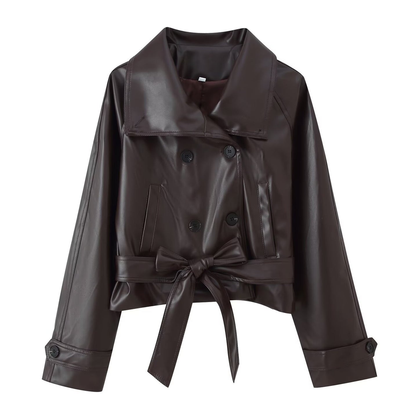 Ladies Long Sleeve Patent Leather Lapel Cropped Coats