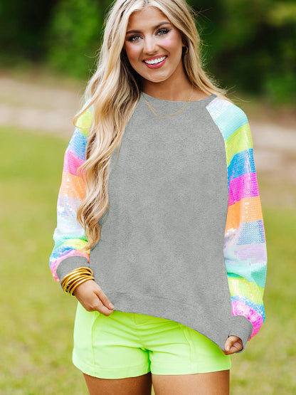 Women’s Casual Pullover Top – Round Neck, Long Sleeves with Sequins, Japanese & Korean Style