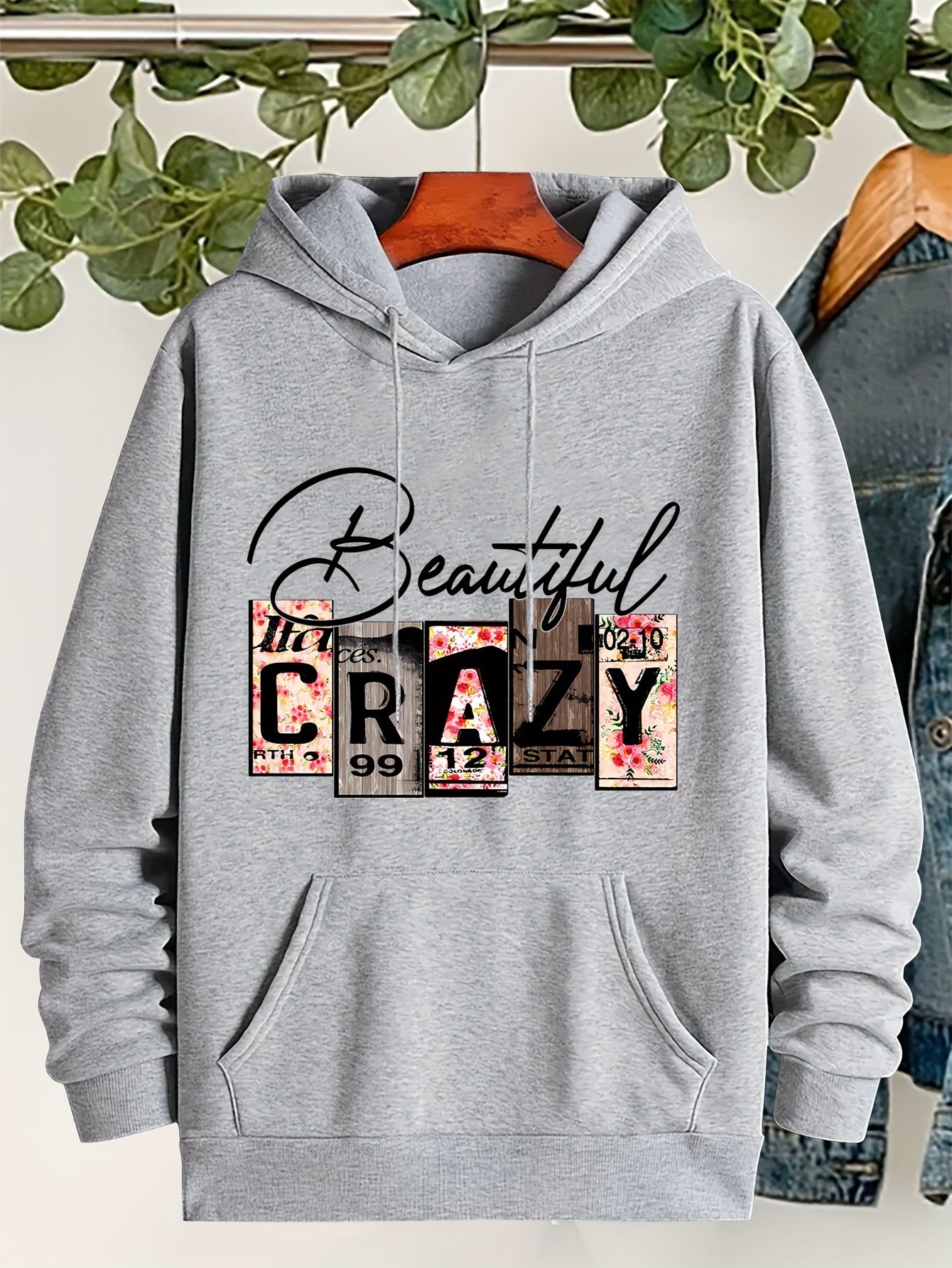 Plus Size CRAZY Print Hoodie – Women’s Casual Pullover Sweatshirt with Kangaroo Pocket for Fall/Winter