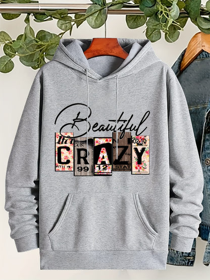 Plus Size CRAZY Print Hoodie – Women’s Casual Pullover Sweatshirt with Kangaroo Pocket for Fall/Winter