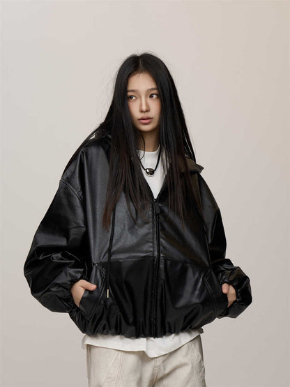 Womens Winter Loose Black Leather Coats