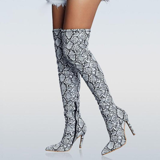 2025 Fashion Over The Knee Boots For Women Sexy Snake Pattern Leather Boots With Square Head Pleated High Heels