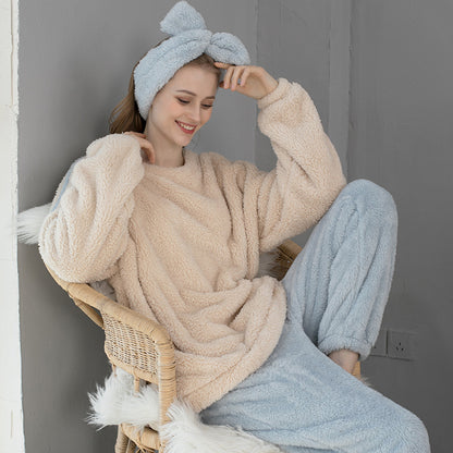 Winter Coral Fleece Pajama Set Thick Long Sleeve Top Elastic Waist Trousers Warm Large Size Sleepwear